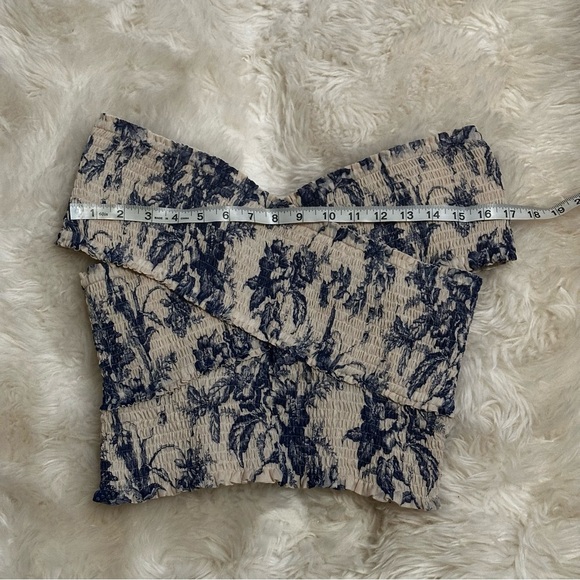 Express Blue Ivory Floral Smocked Off The Shoulder Wrap Cropped Top - Picture 7 of 12